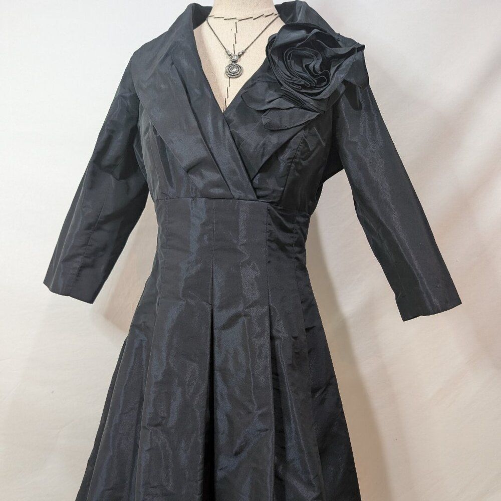 Rickie Freeman Teri Jon Black Rosette Portrait Collar Taffeta‎ Cocktail Dress